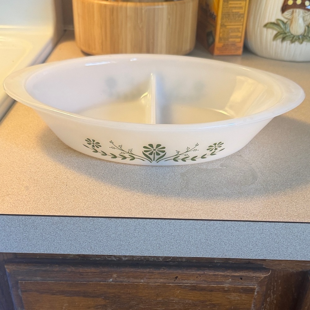 Vintage White Divided Serving Dish with Green Floral Motif
